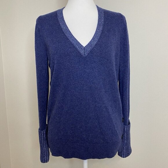Veronica Beard CASHMERE Navy V Neck Folded Cuffs Soft Pullover Sweater Small - Picture 1 of 10